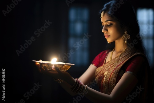 hindu woman performing aarti with lit lamp
