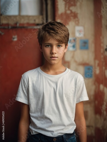 Stylish portrait of a boy wearing a T-shirt against the wall of a dilapidated house, perfect for graphic materials and mock-ups.