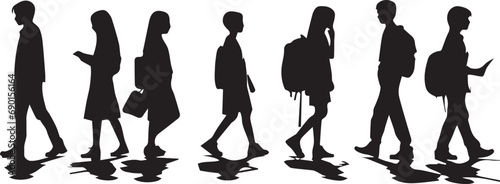 school boys and girls silhouette, kids going to school white background