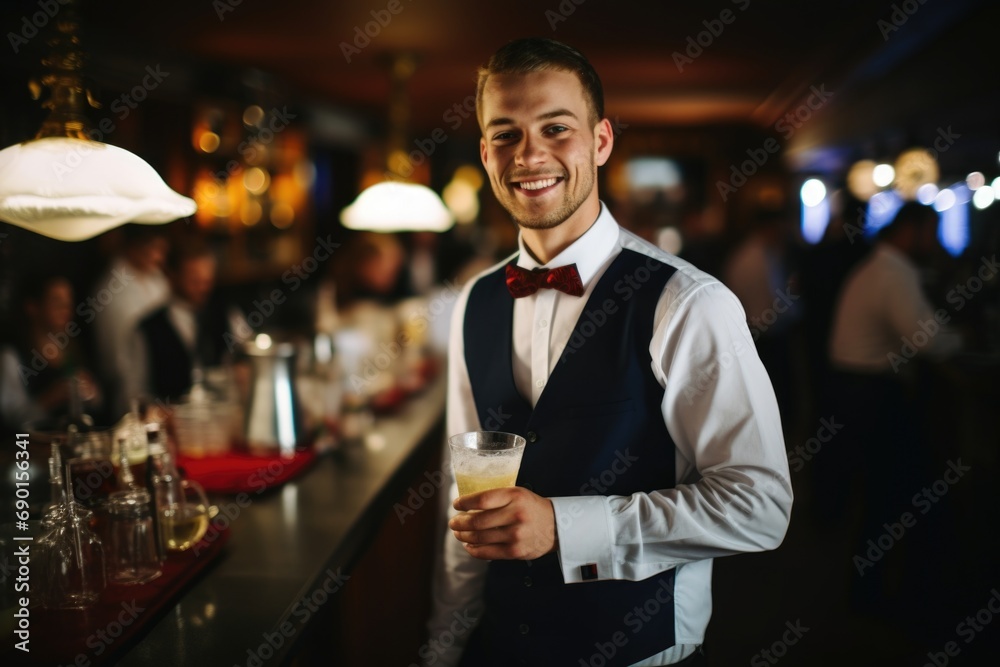 a waiter serving drinks at the wedding reception - obrazy, fototapety, plakaty 