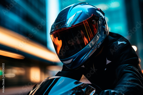 Close-up of a motorcyclist riding on a road at high speed. Speed Motion in Cityscape.