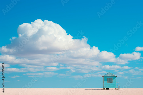 Desert with a little hut and white clouds in a blue sky.