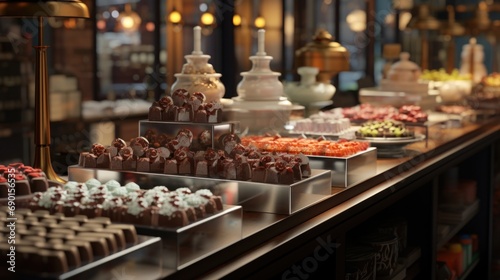 A luxurious chocolate shop with a variety of exquisite chocolates on display.