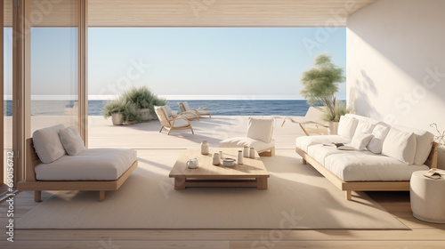 A rendering of a house on the beach with a couch
