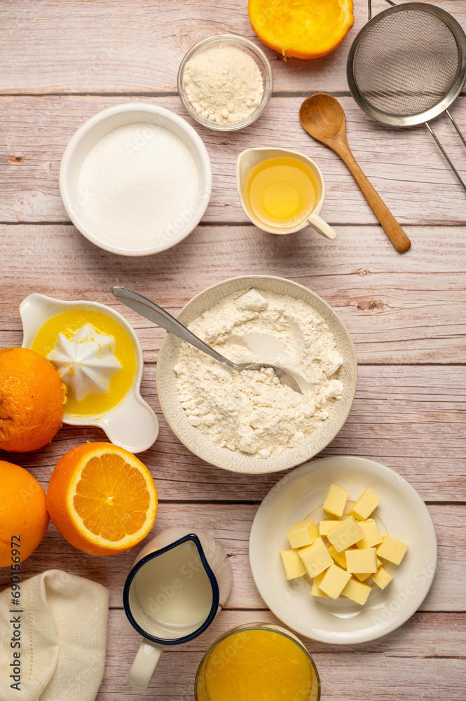 Cooking upside down cake. Baking ingredients with orange fruits. Flour, sugar, milk, butter. Cooking upside down cake. Baking ingredients with orange fruits. Flour, sugar, milk, butter.