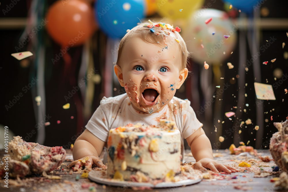 Joyful baby experiencing first birthday cake smash celebration. First birthday milestone. - obrazy, fototapety, plakaty 