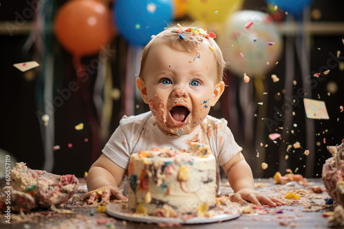 Joyful baby experiencing first birthday cake smash celebration. First birthday milestone. photo