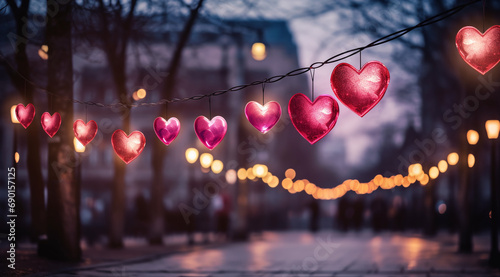 
Enchanting Lighted Street Decor: Red Hearts Suspended on a String in Warmcore Style, Valentine's Day, Romantic Influences, red hearts hanging around a light string on a street