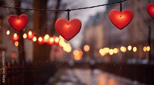 
Enchanting Lighted Street Decor: Red Hearts Suspended on a String in Warmcore Style, Valentine's Day, Romantic Influences, red hearts hanging around a light string on a street