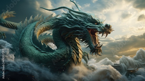 Leinwand Poster Chinese dragon  stretcwith fierce look, sharp teeth and claws