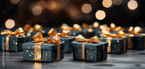 gift boxes with gold ribbons on table black and gold present box concept © Photo And Art Panda