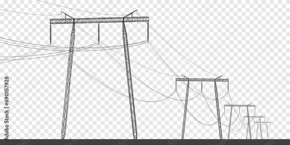High voltage transmission systems. Electric pole. Power lines. A network of interconnected electrical. Energy pylons. City electricity infrastructure. black otlines on transparent background - obrazy, fototapety, plakaty 
