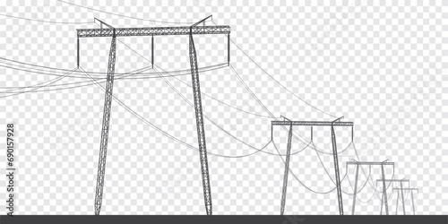 High voltage transmission systems. Electric pole. Power lines. A network of interconnected electrical. Energy pylons. City electricity infrastructure. black otlines on transparent background © panimoni