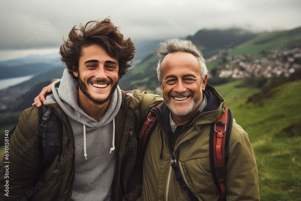 Father hiking and smiling with his son. 