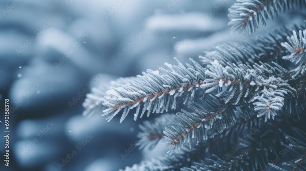 Fir tree branches covered with snow. Winter background. Blue toned