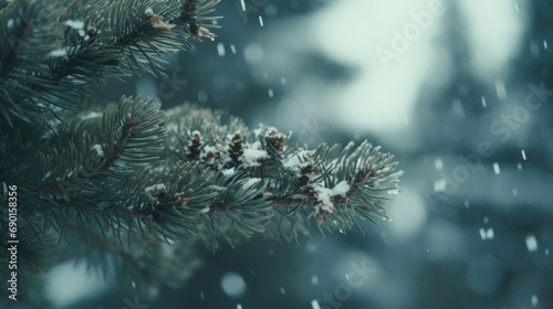 Fir branches in the snow. Christmas and New Year background. © tashechka