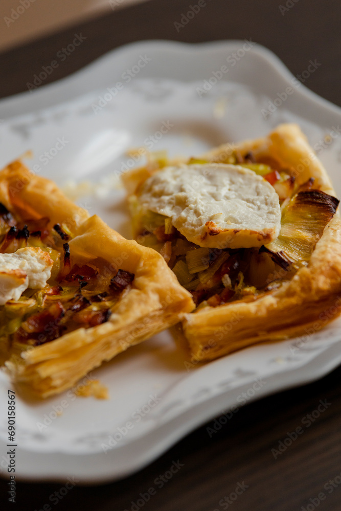 Puff Pastry Appetizer with Bacon, Cheese, and Leek 