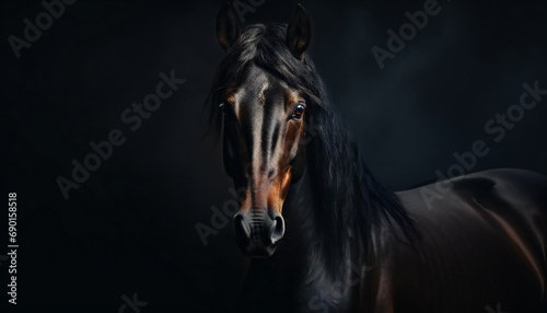 Recreation of a black horse staring with black background © bmicrostock
