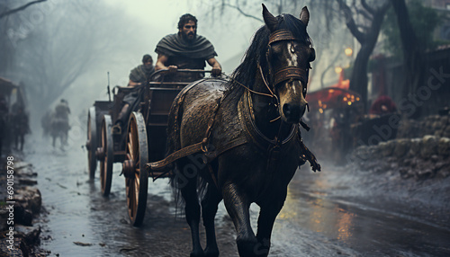 Recreation of horse pulling old carts on a rainy day photo