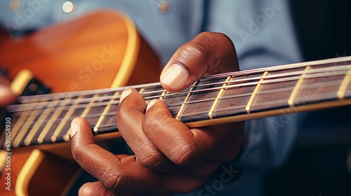 Close-up of Guitarist's Fingers on Fretboard photo