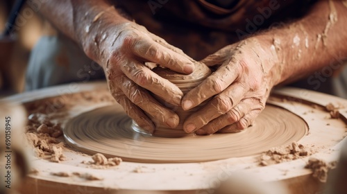 Potter's Hands Molding Clay on Spinning Wheel photo