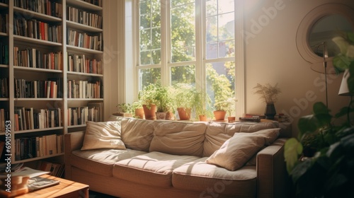 Cozy Living Room with Natural Light and Bookshelf © Andreas