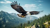Majestic Bald Eagle in Flight over Mountainous Terrain