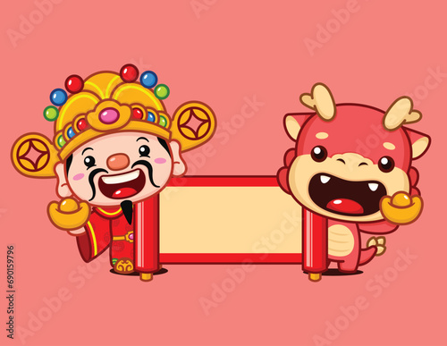Cute Chinese New Year Fortune God And Dragon Zodiac Character With Scroll Banner