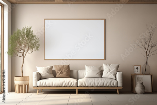Minimalist living room interior in modern home with big mock up empty poster frame for copy space photo