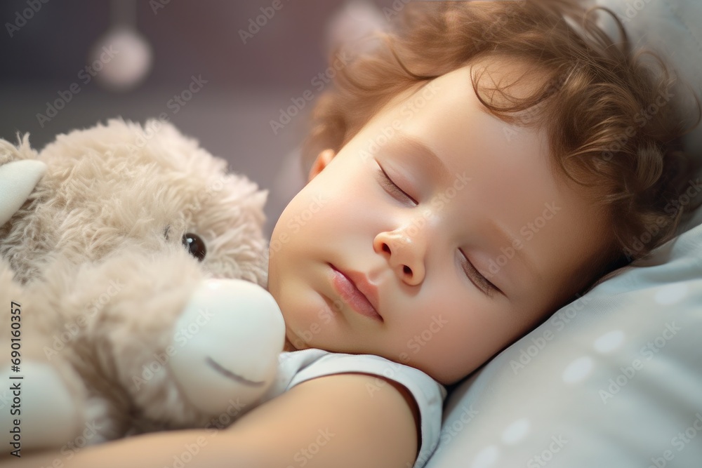 Sleeping toddler holding plush toy in cozy bed. Childhood comfort and tranquility. Sleeping toddler holding plush toy in cozy bed. Childhood comfort and tranquility.
