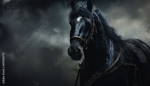 Tenebrist recreation of a black horse with harness © bmicrostock