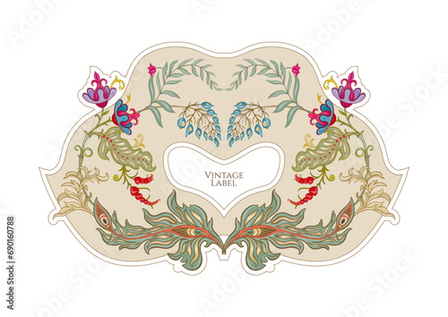 Fantasy flowers in retro, vintage, jacobean embroidery style. Border, frame, template for product label, cosmetic packaging. Vector illustration.