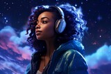 A cosmic-themed portrait of a Gen Z lady, her ear and sleek hairstyle emphasized against a stellar night sky background.