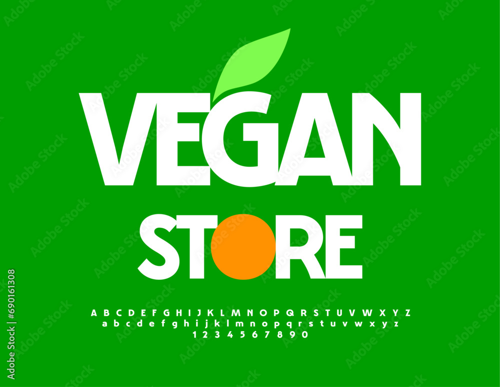 Vector modern sign Vegan Store with White modern Font. Simple style Alphabet Letters and Numbers Vector modern sign Vegan Store with White modern Font. Simple style Alphabet Letters and Numbers