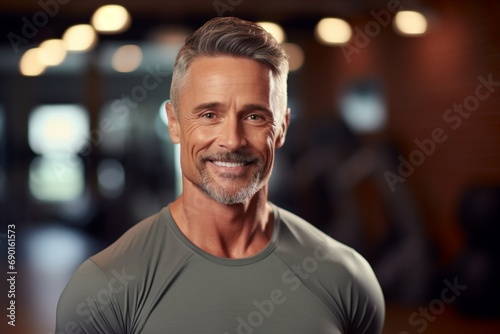 A middle-aged male fitness instructor, realistic HD close-up, with a motivating smile against a gym equipment background blur
