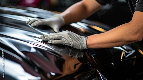 Car wrapping specialist putting vinyl foil or film on car. © sema_srinouljan