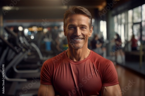 A middle-aged male fitness instructor, realistic HD close-up, with a motivating smile against a gym equipment background blur