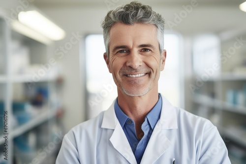 A middle-aged male veterinarian  realistic HD close-up  with a compassionate smile in front of a pet clinic background blur