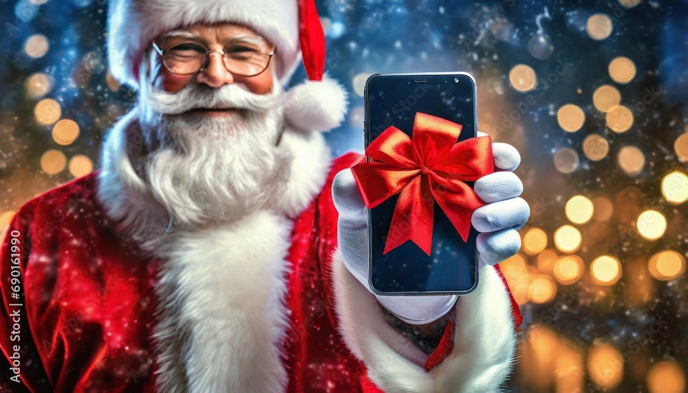 Święty Mikołaj trzymający smartfon przewiązany czerwoną wstążka - obrazy, fototapety, plakaty 