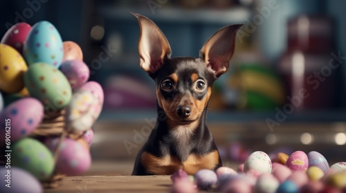 A pet dog with bunny ears sitting next to a basket of Easter eggs.