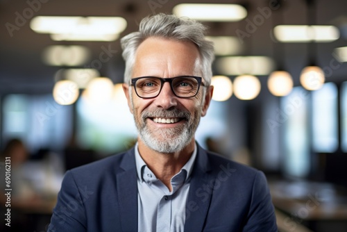 A senior businessman with a warm, approachable smile, realistic HD close-up, in a high-tech startup office setting blur