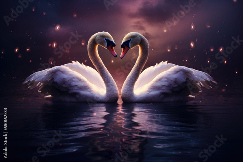 two beautiful swans on a lake shape heart, romantic swan during valentine's day, AI Generative photo