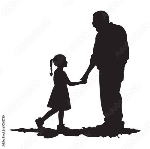 Vector silhouette of grandfather with granddaughter walks on park on white background. Symbol of family in the garden.