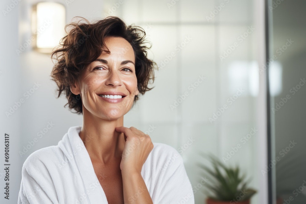 Headshot of happy smiling beautiful middle aged woman wearing bathrobe at spa salon hotel looking at camera. Wellness spa procedures advertising. Skincare concept. - obrazy, fototapety, plakaty 