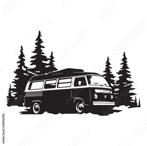 Camper in the Woods and Mountain, Camping in the Nature, Hand Drawn Vector Illustration