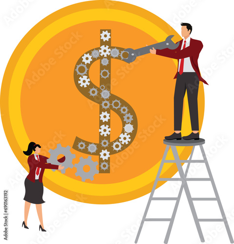 Money At Work with team, Cryptocurrency Trading Bot flat illustration concept