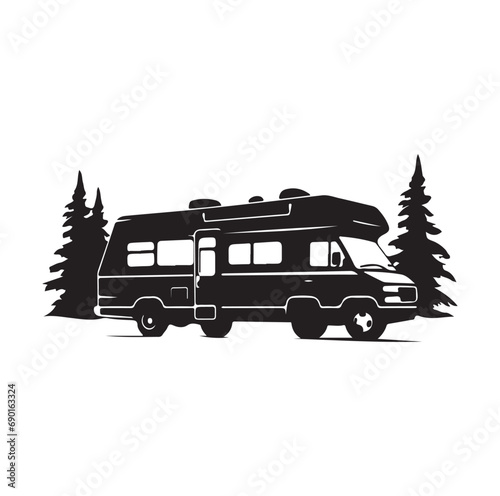 Camper in the Woods and Mountain, Camping in the Nature, Hand Drawn Vector Illustration