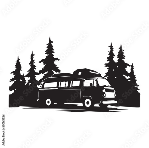 Camper in the Woods and Mountain, Camping in the Nature, Hand Drawn Vector Illustration
