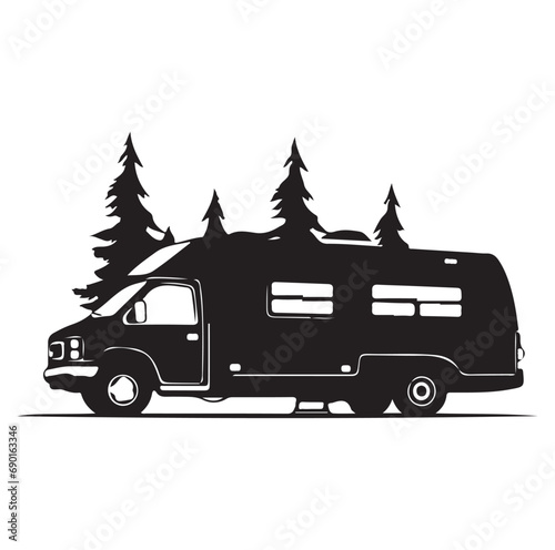 Camper in the Woods and Mountain, Camping in the Nature, Hand Drawn Vector Illustration