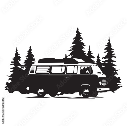 Camper in the Woods and Mountain, Camping in the Nature, Hand Drawn Vector Illustration